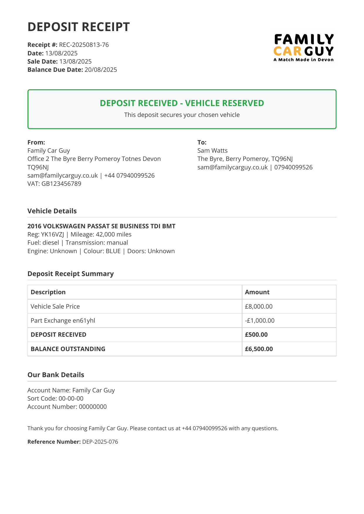 Deposit Receipt Preview